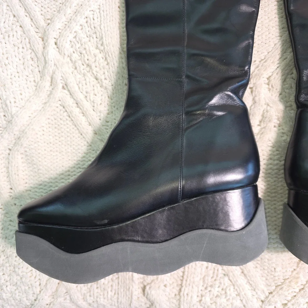 Paloma Barcelo 2 Platform‎ Wedge Knee High Boots Black Leather Womens 40 9-9.5